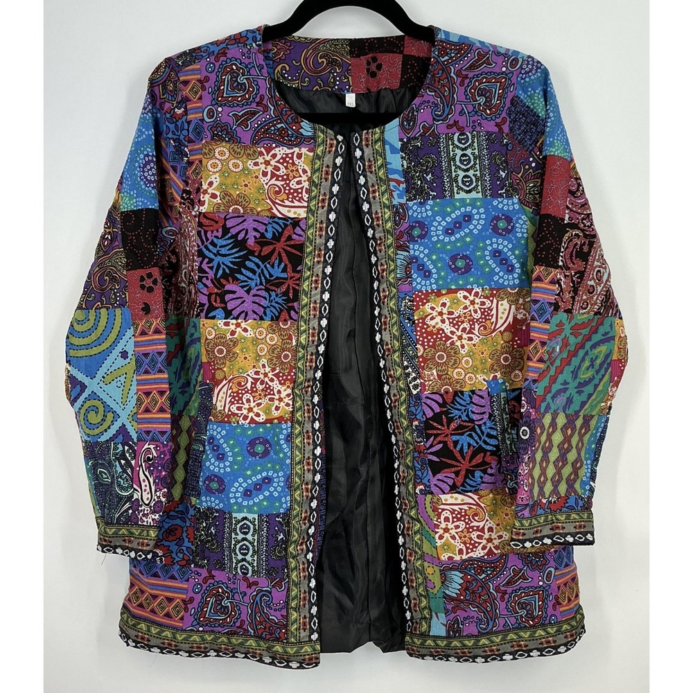 Vintage Women's 2XL Patchwork Paisley Open Front Lined‎ Kimono Jacket Cardigan